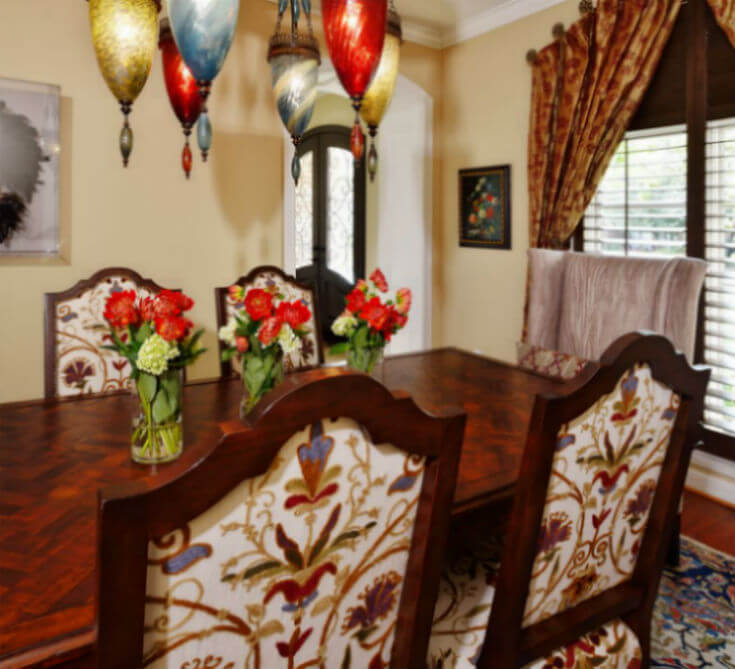 A dining area with floral accents