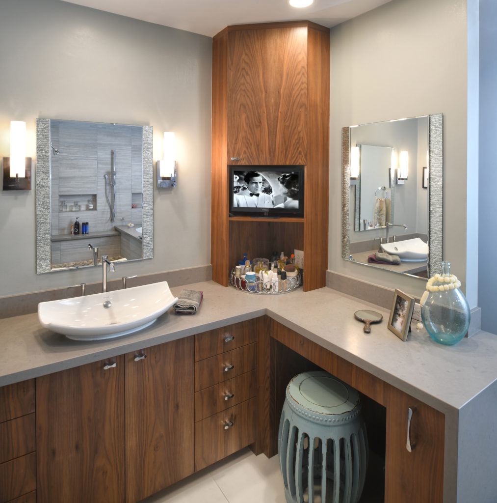 A corner desk with a sink